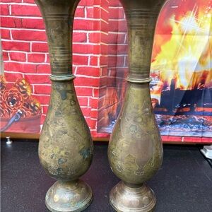 Pair of vintage brass vases etched with elephants